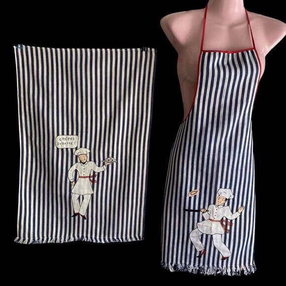 Unbranded Other - Full Bib Apron Set with Dish Towel Blue Stripes Crepes Suzette! Hand Embroidered